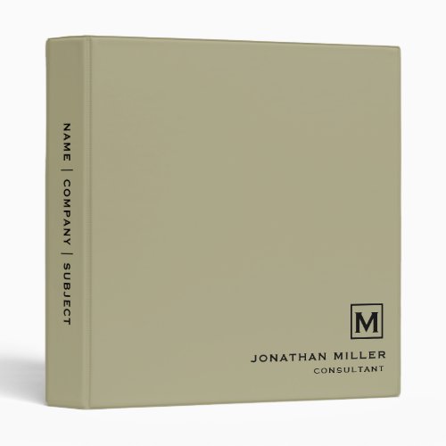 Minimal Sage Green Black Monogram 3 Ring Binder