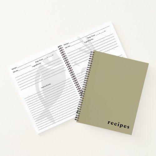 Minimal Sage Green  Black Recipes  Notebook