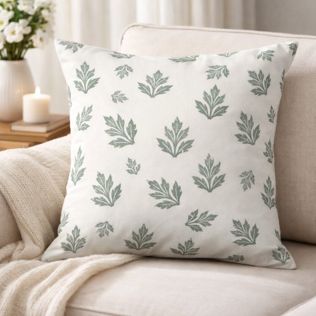 Minimal Sage Green Block Print Leaf Throw Pillow (Creator Uploaded)