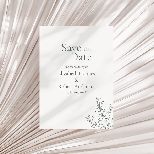 Minimal Sage Green Botanical Save the Date Invitation (Minimal Sage Green Botanical Save the Date Invitation on a neutral dry palm leaf.)