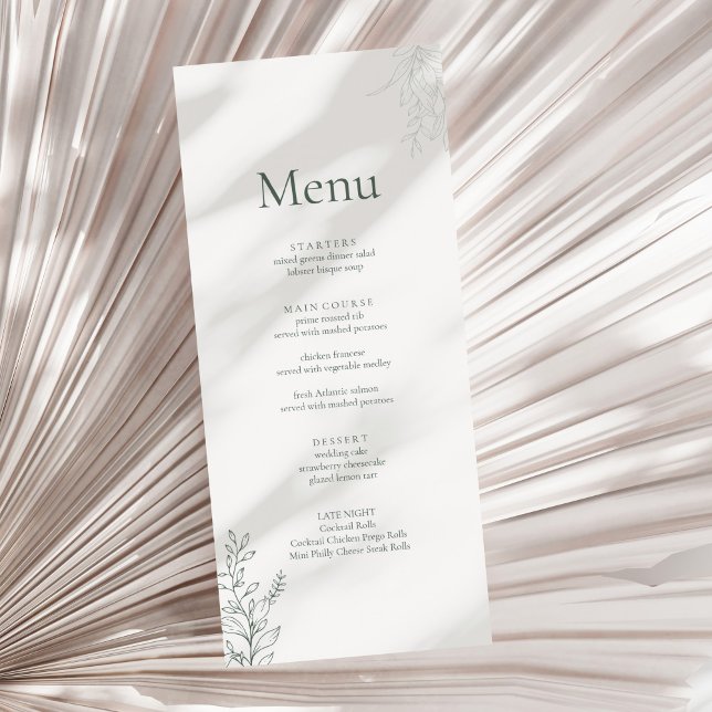 Minimal Sage Green Botanical Wedding Menu (Minimal Sage Green Botanical Wedding Menu on a neutral dry palm leaf)