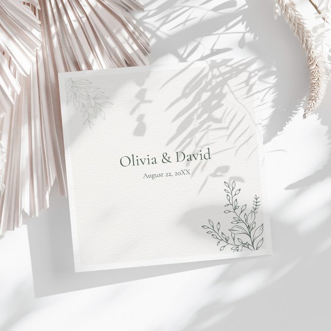 Minimal Sage Green Botanical Wedding Napkin (Minimal Sage Green Botanical Wedding Napkin on a sunny table with white dry botanicals)