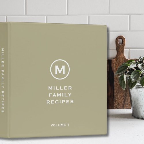 Minimal Sage Green Classic Family Monogram Recipe 3 Ring Binder