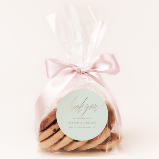 Minimal Sage Green & Faux Gold Wedding Favor Classic Round Sticker (Creator Uploaded)