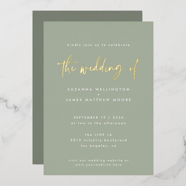 Minimal Sage Green Handwritten Script Wedding Gold Foil Invitation (Front/Back)