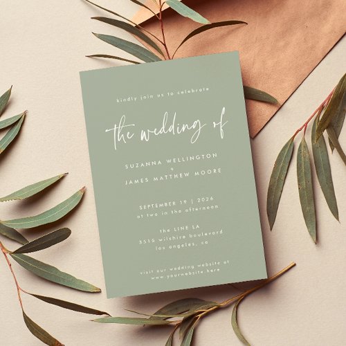 Minimal Sage Green Handwritten Script Wedding Invitation