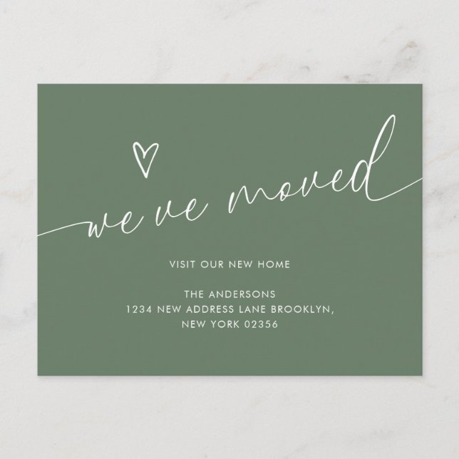 Minimal Sage Green Heart Script We've Moved Moving Postcard (Front)