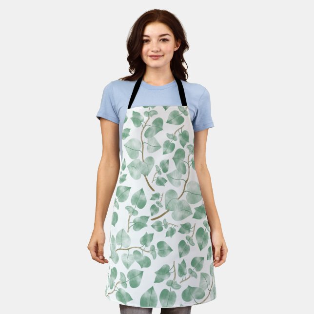 Minimal Sage Green Leaves Watercolor Pattern Apron (Worn)