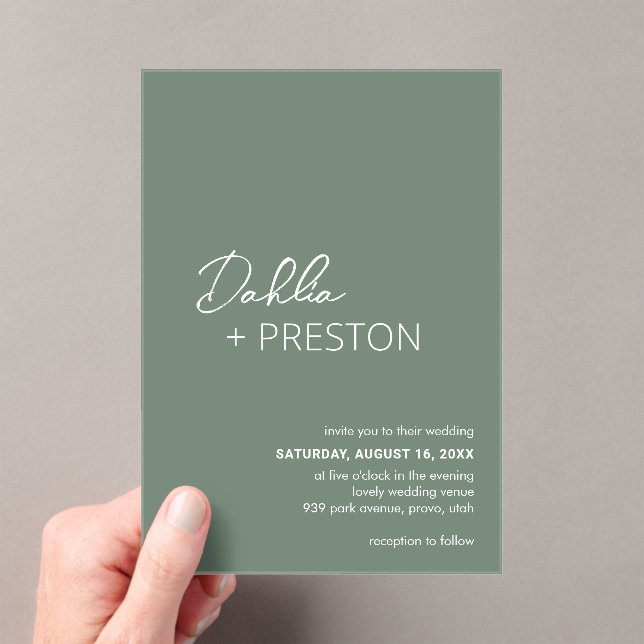 Minimal Sage Green Modern Wedding Acrylic Invitations (Insitu (Handheld))
