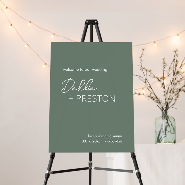 Minimal Sage Green Modern Wedding Welcome Sign (In Situ (Stand))