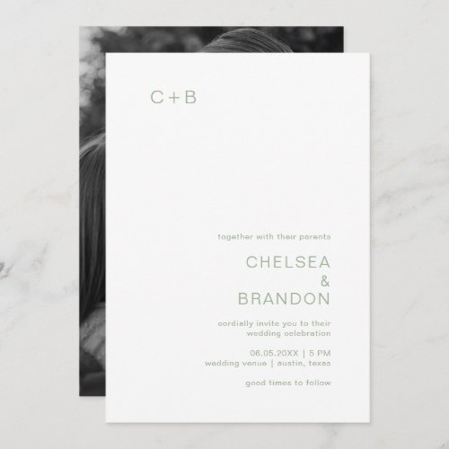 Minimal Sage Green Monogram Photo Modern Wedding Invitation