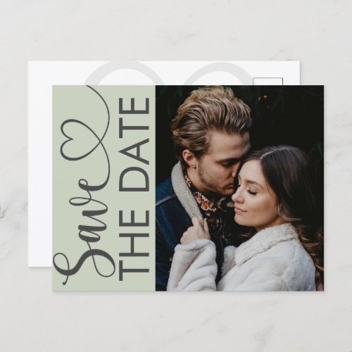 Minimal Sage Green Photo  Heart Save the Date Announcement Postcard