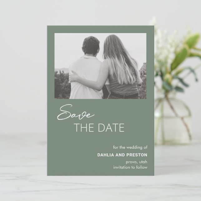 Minimal Sage Green Photo Modern Wedding Save The Date (Standing Front)