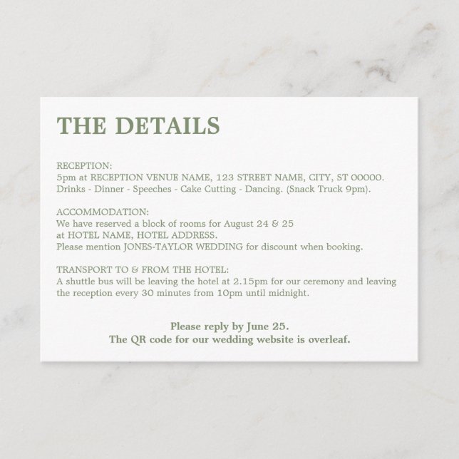Minimal Sage Green QR Code Wedding Details Enclosure Card (Front)