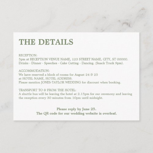 Minimal Sage Green QR Code Wedding Details Enclosure Card