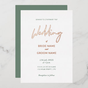 Minimal Sage Green Script Wedding  Foil Invitation