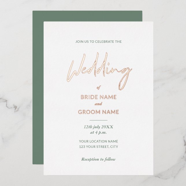 Minimal Sage Green Script Wedding  Foil Invitation (Front/Back)