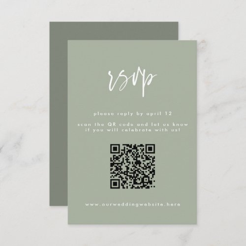 Minimal Sage Green Script Wedding QR Code RSVP Card