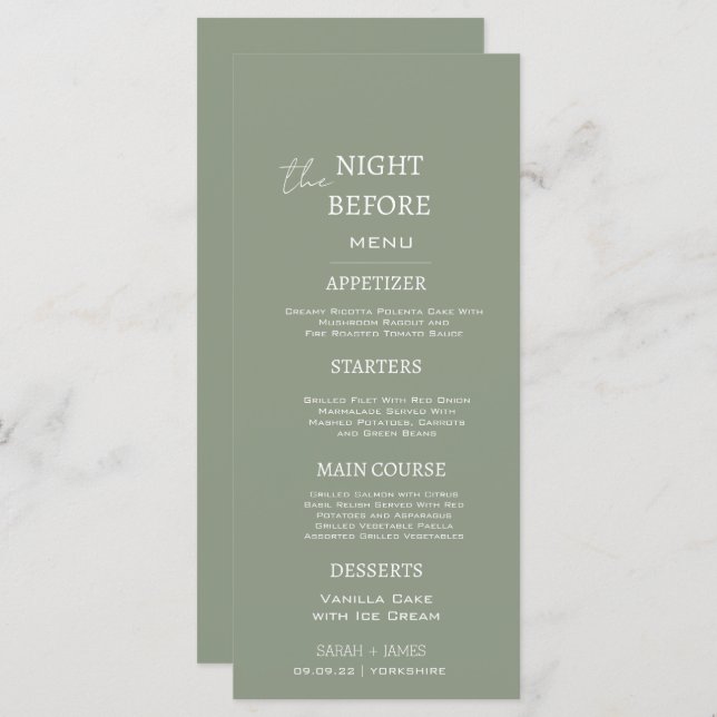 Minimal Sage Green the Night Before Wedding  Menu (Front/Back)