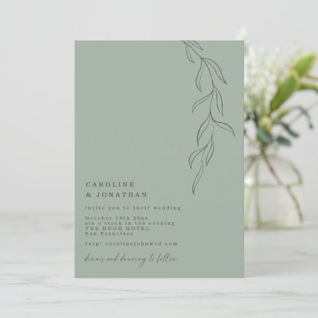 Minimal Sage Green Typewriter Botanical Wedding Invitation (Standing Front)
