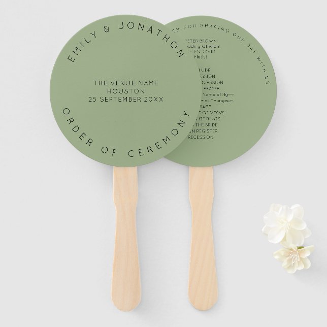 Minimal Sage Green Typography Custom Wedding Hand Fan (Front and Back)