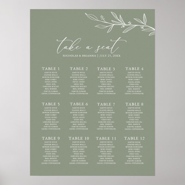 Minimal Sage Green Wedding 12 Table Seating Chart (Front)
