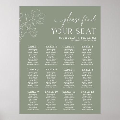 Minimal Sage Green Wedding 12 Table Seating Chart 
