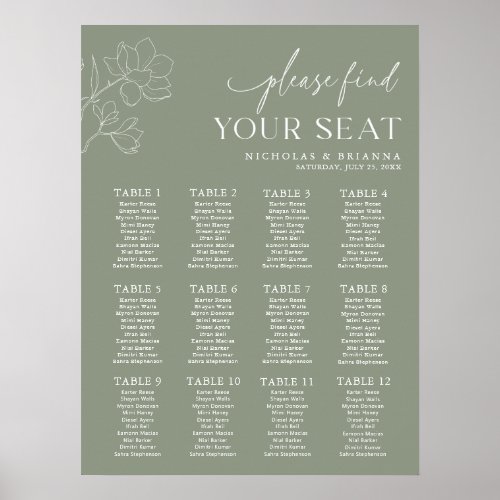 Minimal Sage Green Wedding 12 Table Seating Chart