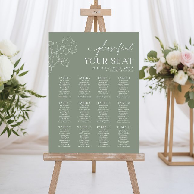 Minimal Sage Green Wedding 12 Table Seating Chart  Foam Board (Creator Uploaded)