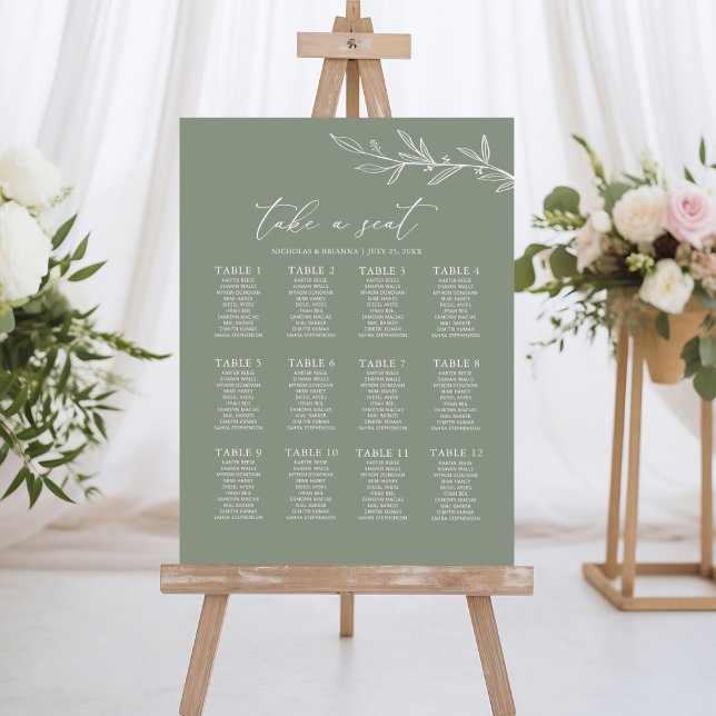 Minimal Sage Green Wedding 12 Table Seating Chart Foam Board (Creator Uploaded)