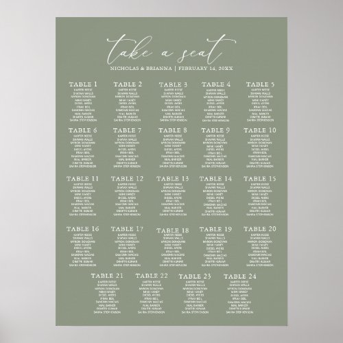 Minimal Sage Green Wedding 24 Table Seating Chart