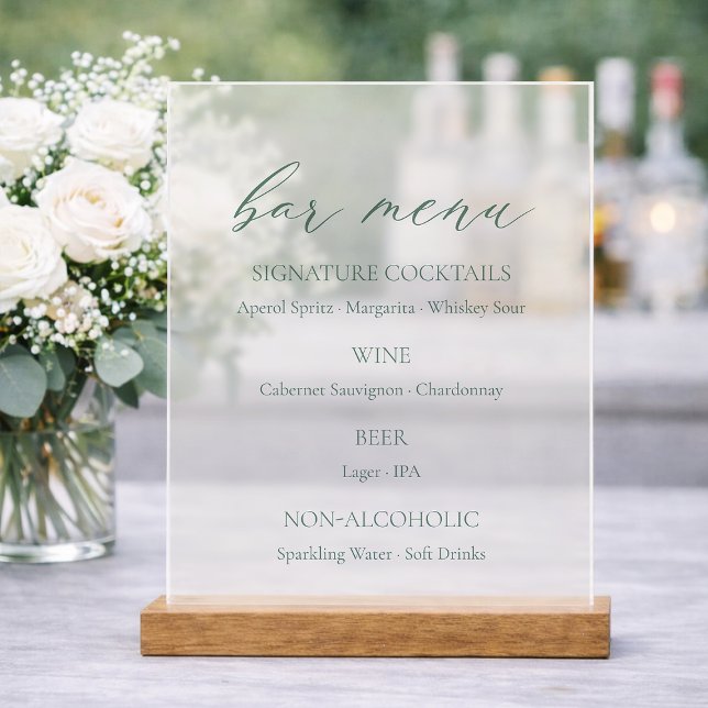 Minimal Sage Green Wedding Bar Menu  Acrylic Sign (Creator Uploaded)
