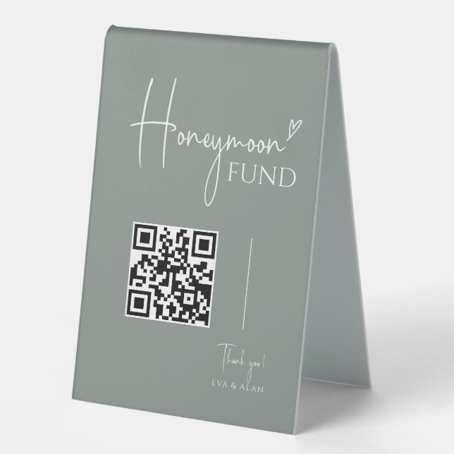 Minimal Sage Green Wedding Honeymoon Fund QR Code Table Tent (Front)
