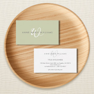 Minimal Sage Green White Script Monogram Business Card