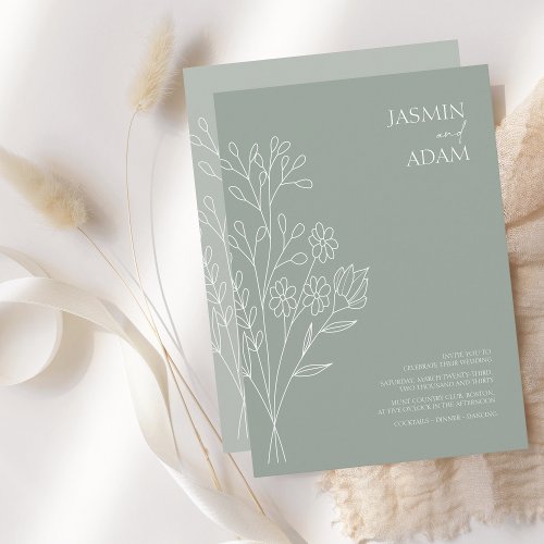 Minimal Sage Green White Wildflowers Wedding Invitation