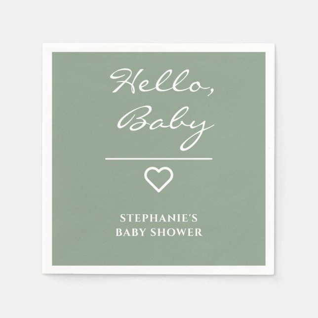 Minimal Sage Green with Heart Hello Baby Napkins (Front)
