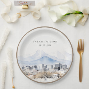 Minimal Salt Lake City Utah Watercolor Wedding Paper Plates