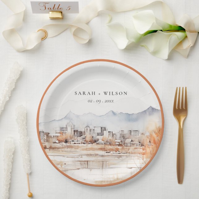 Minimal Salt Lake City Utah Watercolor Wedding Paper Plates (Wedding)