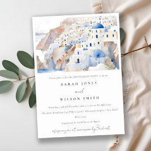 Minimal Santorini Greece Watercolor Engagement Invitation
