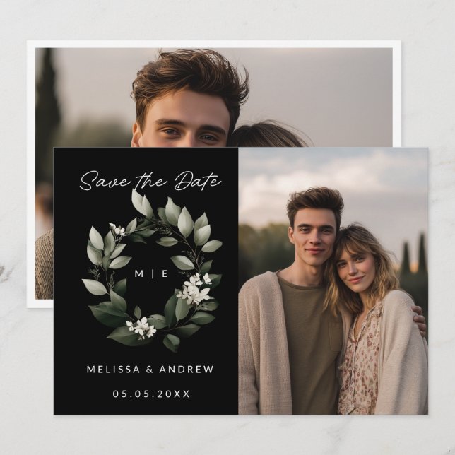 Minimal Save the Date Green Wreath Announcement (Front/Back)