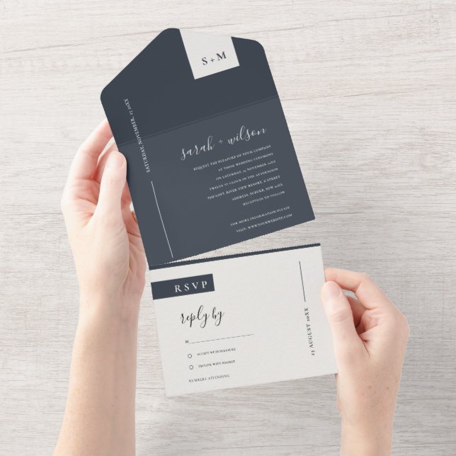 MINIMAL SCANDI BLACK & WHITE MONOGRAM WEDDING ALL  ALL IN ONE INVITATION (Tearaway)