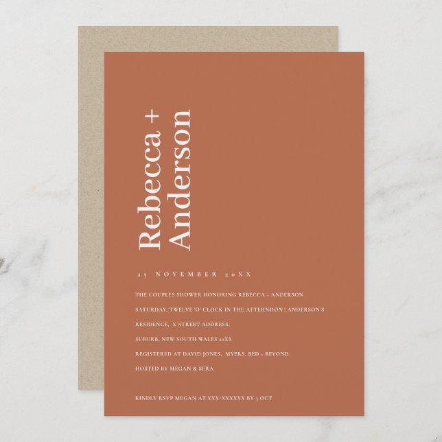 MINIMAL SCANDI BURNT ORANGE COUPLES SHOWER INVITE (Front/Back)