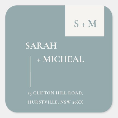 MINIMAL SCANDI DUSKY BLUE GREY MONOGRAM ADDRESS SQUARE STICKER