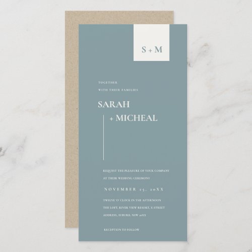 MINIMAL SCANDI DUSKY BLUE MONOGRAM WEDDING INVITE