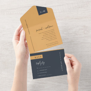 MINIMAL SCANDI FUN BLACK BURNT ORANGE WEDDING ALL IN ONE INVITATION