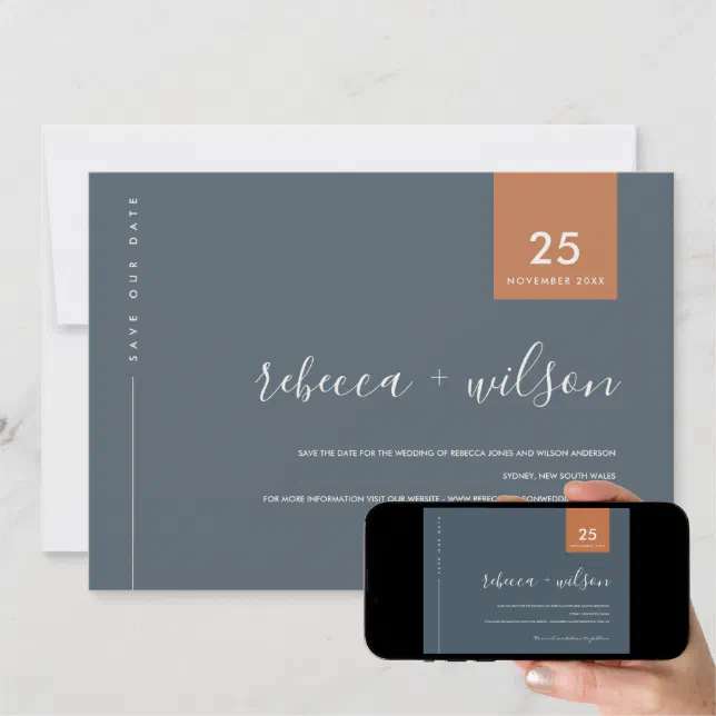 MINIMAL SCANDI MODERN BLUE GREY RUST TYPOGRAPHY SAVE THE DATE | Zazzle