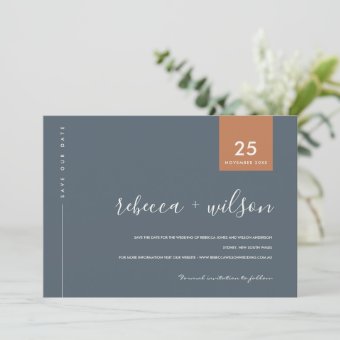 MINIMAL SCANDI MODERN BLUE GREY RUST TYPOGRAPHY SAVE THE DATE | Zazzle