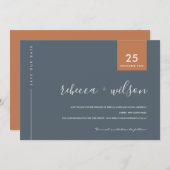MINIMAL SCANDI MODERN BLUE GREY RUST TYPOGRAPHY SAVE THE DATE (Front/Back)