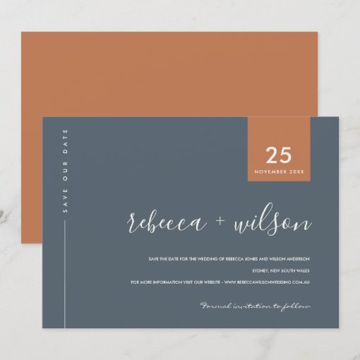 MINIMAL SCANDI MODERN BLUE GREY RUST TYPOGRAPHY SAVE THE DATE | Zazzle