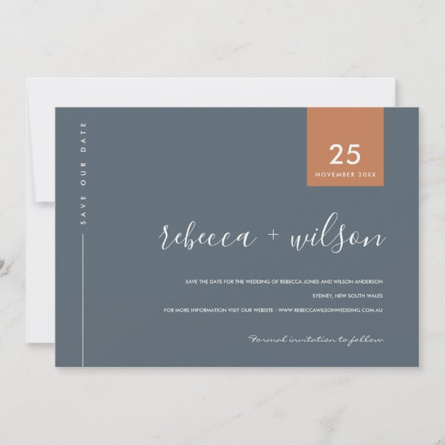 MINIMAL SCANDI MODERN BLUE GREY RUST TYPOGRAPHY SAVE THE DATE (Front)